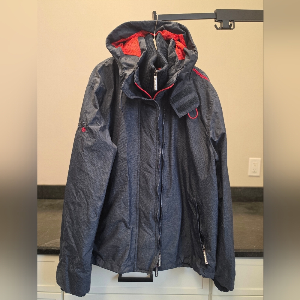 SuperDry Men's Navy Blue Hooded Jacket with Red Trim